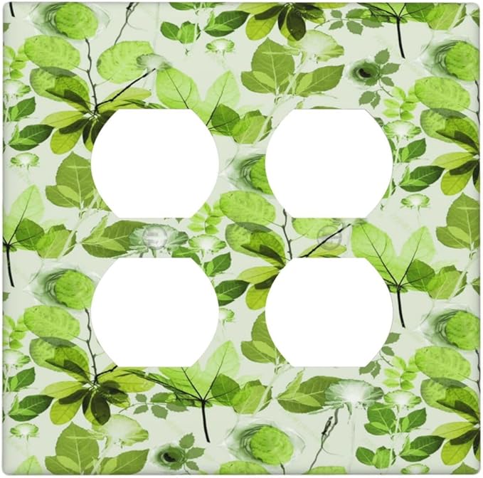 Green Leaves Spring Plant Floral Outlet Covers 2 Gang Double Duplex Decorative Light Switch Covers Electrical Wallplates Socket Faceplate for Bed Room Living Room Decor