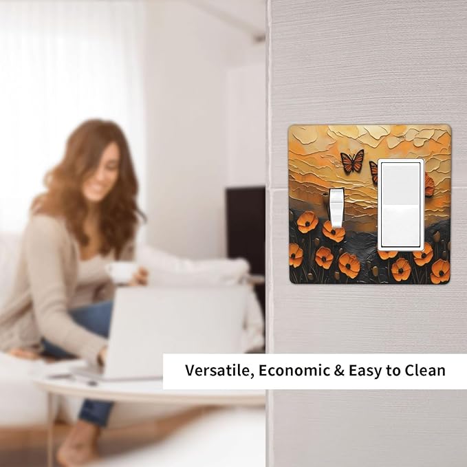 Oil Painting Flower Sunset Butterfly Vintage Rustic Floral Outlet Covers 1 Toggle 1 Rocker Combination Decorative Wall Plate Electrical Switch Plates Light Switch Cover Plate for Bedroom Living Room