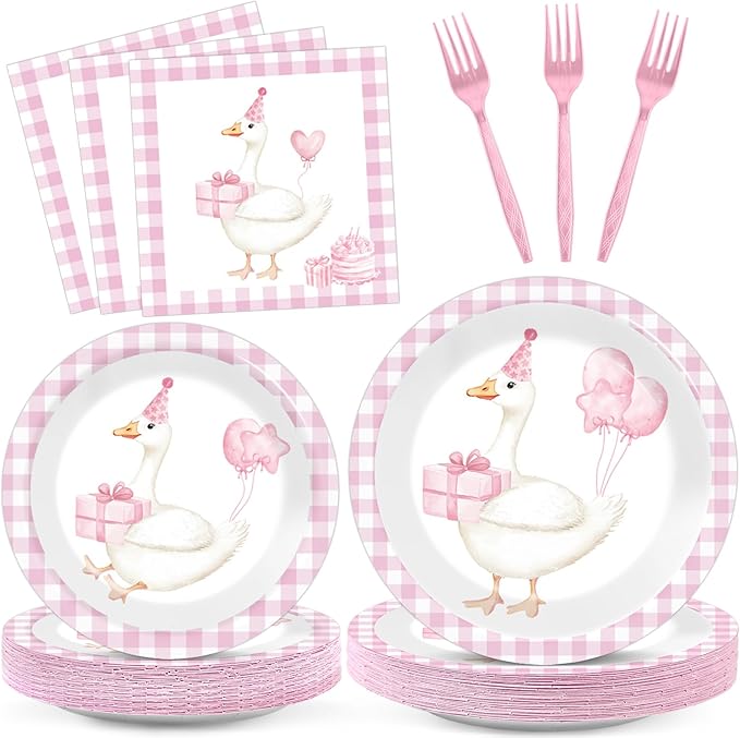 gisgfim 96Pcs One Silly Goose Plates and Napkins Party Supplies Silly Goose Tableware Set Pink 1st Birthday Party Paper Dinner Birthday Decorations Favors for 24 Guests