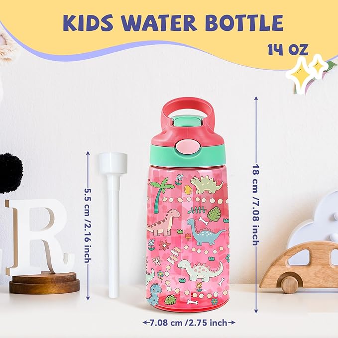 14oz Dinosaur Kids Water Bottle with Straw Lid - Cute Water Bottles for Kids, Leakproof, Lightweight, Durable Plastic Bottles for School, Pop-Up Straw Cover, Gift Cup for Girls Boys (Dinosaur)