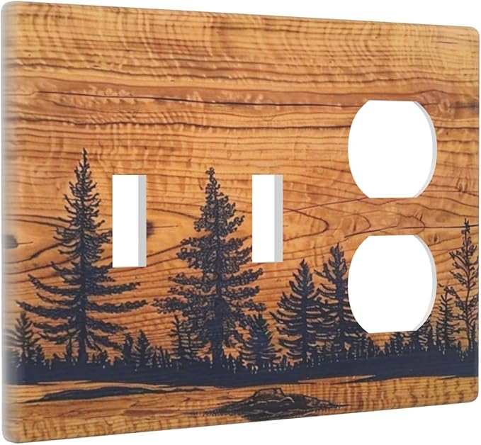 Country Forest Pine Tree Woodland Woods 3-Gang 2-Toggle 1-Duplex Device Combination Wall Plate, Retro Vintage Wood Wooden Three Gang Combo Two Toggle/One Duplex Receptacle Outlet Light Switch Cover