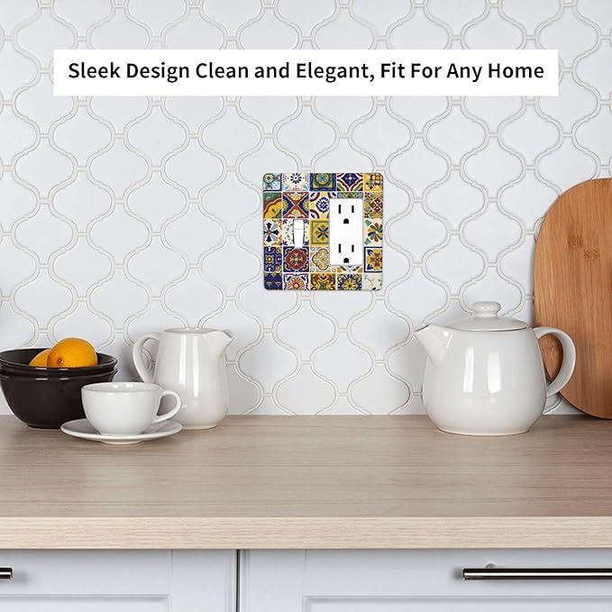 Boho Mandala Mosaic Ceramic Tile 2 Gang Combination Single Toggle/Decorator Wall Plate Yellow/Blue/Green Mexican Tile Combo 1-Toggle 1-GFCI/Rocker Outlet Light Switch Dimmer Receptacle Faceplate Cover