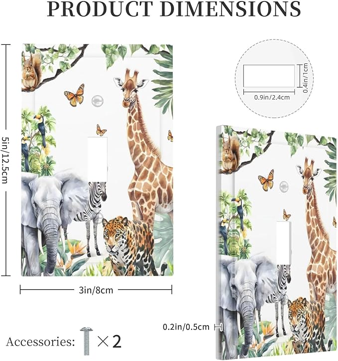 Elephant Giraffe Jungle Animals Leopard Zoo Decorative Light Switch Cover 1 Gang Single Toggle Device Electrical Faceplate Switchplates Decorator Outlet Wall Plate for Kids Room Nursery Decor
