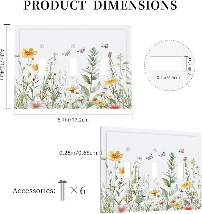 Light Switch Cover Plate Rustic Colorful Floral Butterfly Watercolor Flowers 3 Gang Triple Toggle Decorative Switch Plates Wall Plates Electrical Switchplate Faceplate for Bathroom Bedroom
