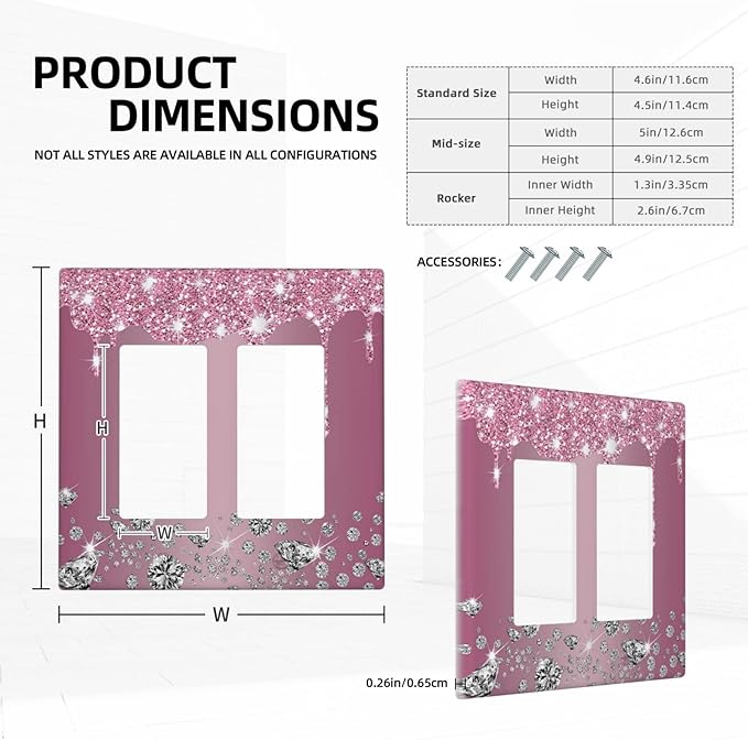 Sparkling Diamonds Pink Silver Glitter Drops Print 2 Gang Rocker Decora Light Switch Covers Decorative Unique Dual Outlet Covers Wall Plate Electrical Faceplate Switchplate GFCI for Bedroom Decor