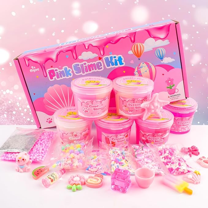6 Pack Slimes Kit, Pink Slime Kids, Cloud Butter & Clear Slime, Party Favors, Toys for Girls Boys Ages 8-12, Goodie Bag Stuffers,9-10 Year Old Girls Birthday Gift Ideas Cute Stuff