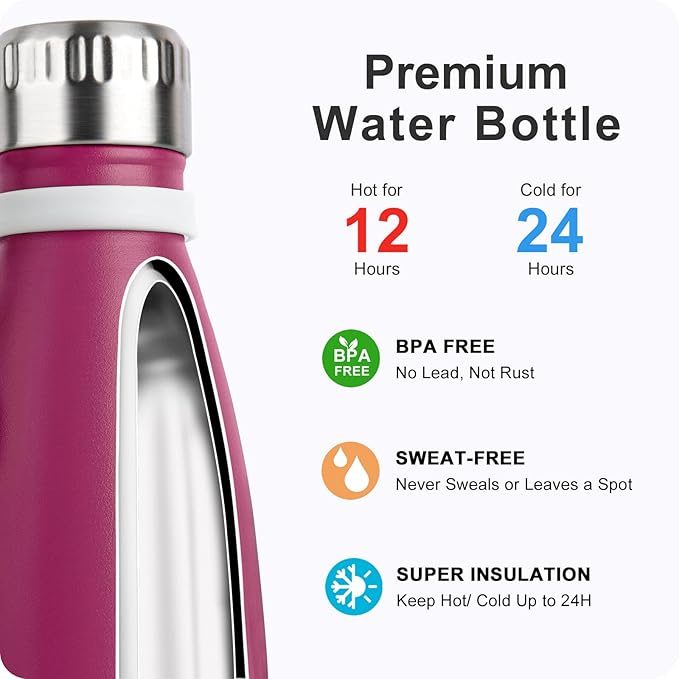 Insulated Water Bottle-17 oz Stainless Steel Double Wall Vacuum Water Bottle for School-Cola Shape Leak Proof Sport Water Bottle with Carry Rope (Fuchsia Red)