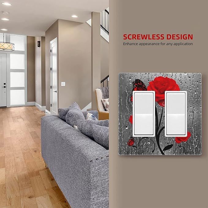 Butterfly Red Rose Flower 2 Gang Double Rocker/Decor Light Switch Cover Decorative Outlet Wall Plate Electrical Faceplate Home Bedroom Art Panel Decor Screwless 4.7" x 4.6