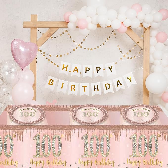 41Pcs 100th Birthday Decorations, Rose Gold Birthday Party Supplies Include 20Pcs Plates 20Pcs Napkins and 1Piece Tablecloth, Sweet One Hundred Year Old Birth Party Tableware for Girl Ladies Women