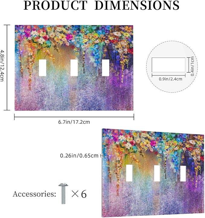 Colorful Floral Watercolor Flower 3 Gang Light Switch Plate Decorative Purple Triple Toggle Wall Plate Cover Electrical Faceplate Switchcover for Farmhouse Bathroom Home Bedroom Art Panel Decor
