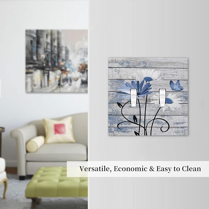 Blue White Daisy Flower Butterfly Rustic Wood Board Decorative Switch Plates 2 Gang Double Toggle Outlet Light Switch Cover Wall Plate Electrical Faceplate for Farmhouse Bedroom Decor