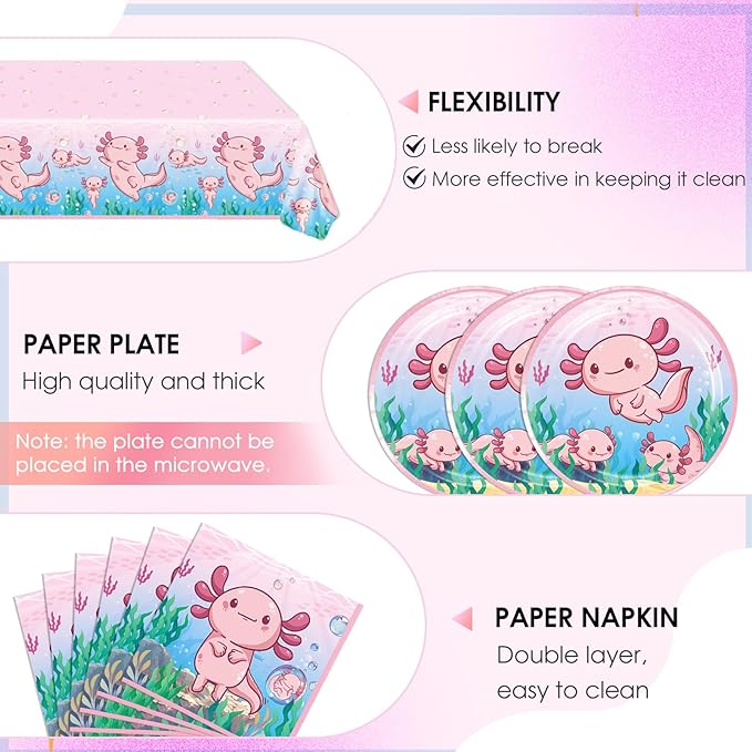 41Pcs Pink Axolotl Birthday Party Supplies Reptile Animals Theme Tableware Set Cartoon Axolotl Party Disposable Plates,Napkin,Tablecloth丨Baby Shower Boys Girls Birthday Decorations Supplies,Serves 20