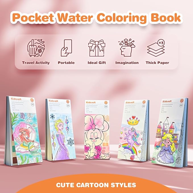 Paint with Water Coloring Books for Kids, Pocket Mess Free Watercolor Painting Kit, Water Color Paint Set Arts and Crafts Gift for Girls Ages 4 5 6 7 8+, Travel Activity Toy - Mermaid