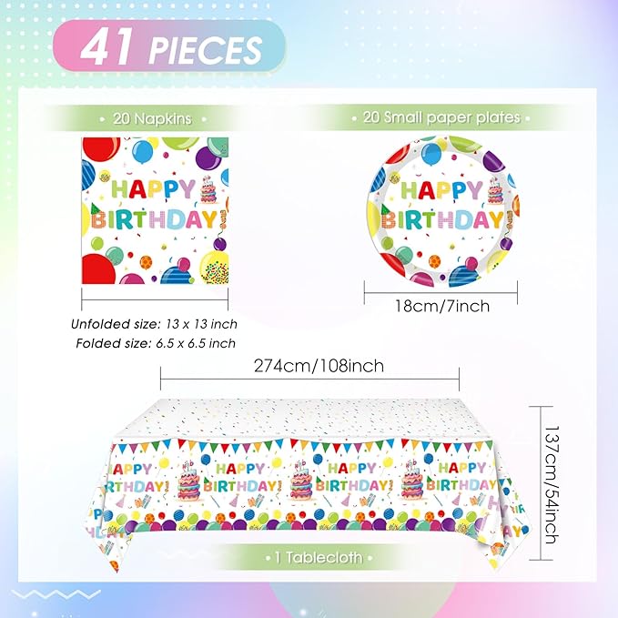 41Pcs Happy Birthday Decorations Colorful Birthday Party Supplies Set Rainbow Color Balloons Design Happy Birthday Paper Plates Napkins Tablecloth丨Birthday Decorations for Boys Girls Kids,Serve 20