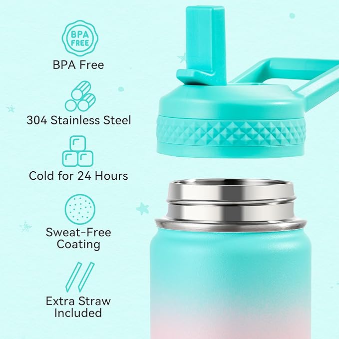 Fijinhom 12 oz Kids Water Bottle, Toddler Water Bottle with Straw, Boys&Girls Bottle for School, 304 Stainless Steel Vacuum Insulated Bottle for Kids, BPA-Free, Leak-Proof, Aurora