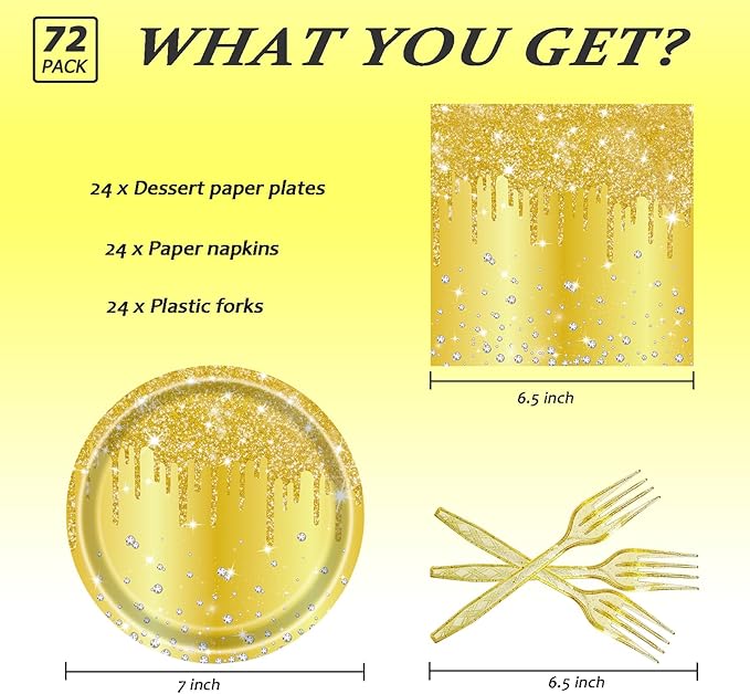 72 Pcs Gold Glitter Paper Plates 7in Disposable Paper Dessert Plates Napkins and Forks Party Tableware Set Happy Birthday Table Decorations for 24 Guests Gold Birthday Anniversary Wedding Theme Party