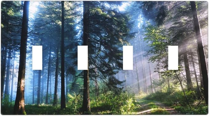 Green Landscape Forest Tree 4 Gang Device Light Switch Cover Decorative Quad Toggle Wall Plate Decorative Electrical Faceplate for Home Bedroom Art Decorate