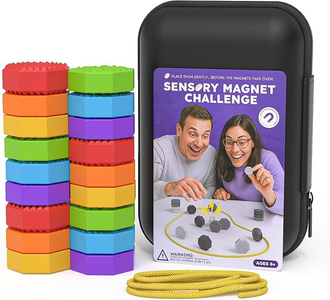 Magnetic Chess Game with Stones,Magnet Game with String - 18 Silicone-Covered Magnets Fidget Toy Textured Sensory Rock Toys Strategy Game for Stress Relief,ADHD, Travel Family Toys for Kids & Adults
