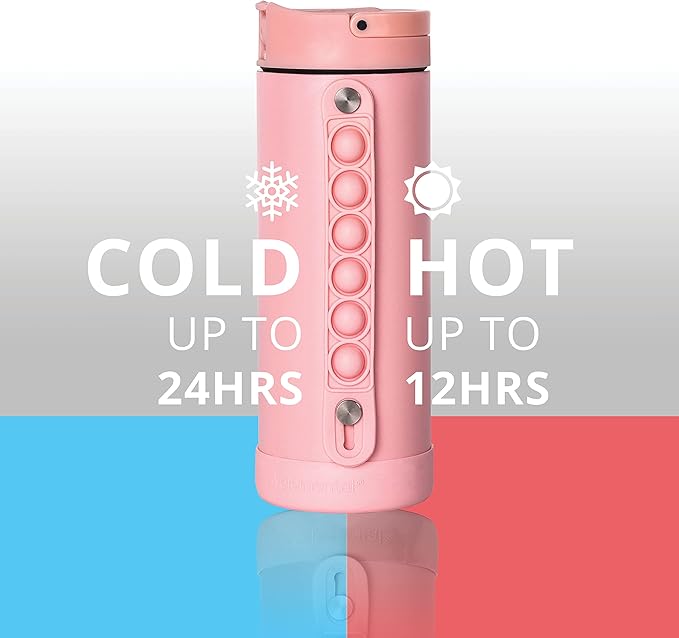 Elemental Iconic Kids Water Bottle for School - 100% Leak-Proof Insulated Water Bottles with Straw Lid & Pop-It Handle for Boys & Girls - Triple-Wall Insulated & BPA-Free, 14oz – Rose