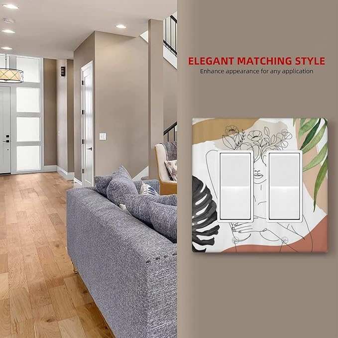 Mid Century Abstract Women Lady Boho Palm Leaf 2 Gang Rocker Decora Light Switch Covers Decorative Unique Dual Outlet Covers Wall Plate Electrical Faceplate Switchplate GFCI for Bedroom Decor