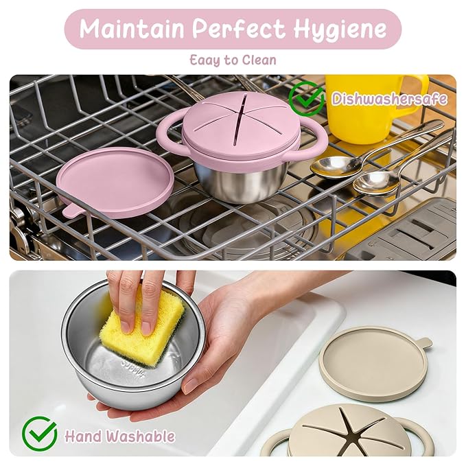 2 Pack Baby Stainless Steel Snack Containers for Kids with Spill Proof Food Grade Silicone Lids & Handles 9 OZ Baby Snack Cups No Spill Toddler Snack Box for Mess-Free Snacking