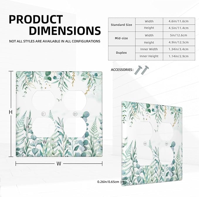 Boho Green Eucalyptus Leaf Floral Sage Flower Outlet Covers 2 Gang Double Duplex Decorative Light Switch Covers Electrical Wallplates Socket Faceplate for Bedroom Living Room Decor