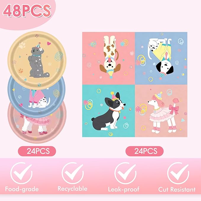 48Pcs Dog Birthday Party Supplies Set - Cute Puppy Themed Paper Plates & Napkins, Serves 24 Guests, Disposable Pet Party Tableware for Kids Birthday Baby Shower Table Decor