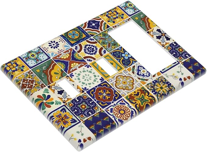 Decorative 3-Gang 2-Toggle 1-GFCI/Decorator Combination Light Switch Cover Kitchen Yellow/Blue Mexican Tile, Sun Moon Moroccan Boho Tile Combo Double Toggle Switches/Rocker Outlet Cover and Wall Plate