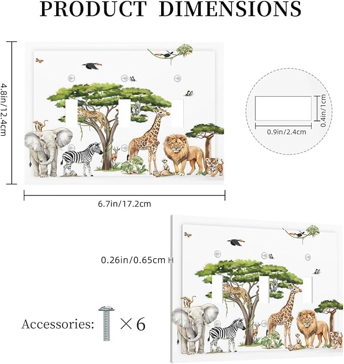 Large Animals Elephant Giraffe Jungle Lion Leopard Zebra Decorative Switch Plates 3 Gang Wall Plate Triple Toggle Light Switch Cover Faceplate Electrical Wall Panels for Kids Room Nursery Decor