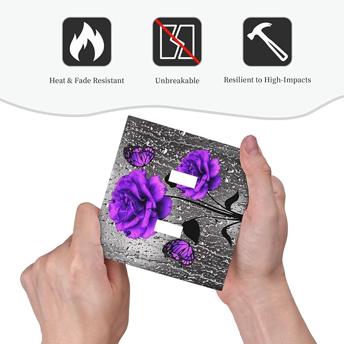 Decorative Purple Rose Butterfly Double Toggle Light Switch Cover, Romantic Lovely Beauty Girly Vibrant Flower 2-Gang Wall Plate Pretty Fashion Woman Electric Receptacle Outlet Switch Face Plate Cover