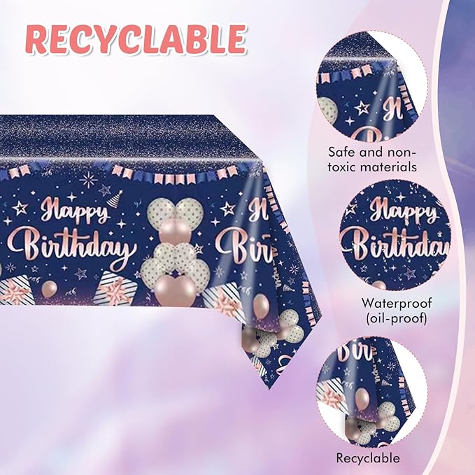 41Pcs Navy Blue Rose Gold Birthday Decorations Happy Birthday Party Tableware Set Include Paper Plates Napkins and Plastic Tablecloth Disposable Dinnerware Decorations for Women Men Party Table Decor