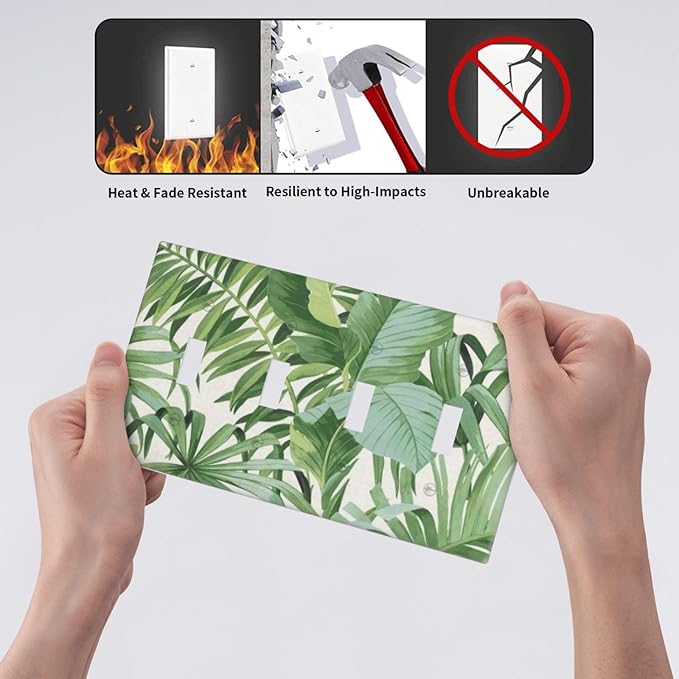 Green Tropical Palm Tree Leaf 4 Gang Four Device Decorative Light Switch Cover Summer Japanese Banana Leaves Greenery Quad Toggle Decorator Wall Plate Outlet Cover Electrical Faceplate Switchplate