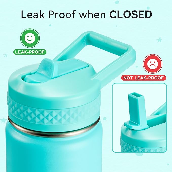Fijinhom 12 oz Kids Water Bottle, Toddler Water Bottle with Straw, Boys&Girls Bottle for School, 304 Stainless Steel Vacuum Insulated Bottle for Kids, BPA-Free, Leak-Proof, Mint Green