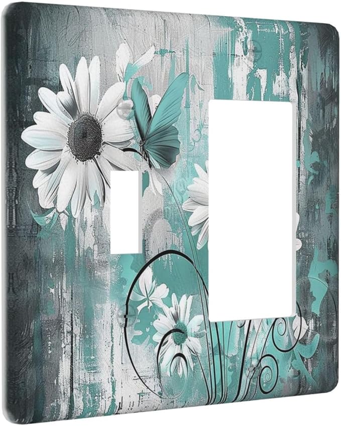 Outlet Covers Teal Daisy Floral Vintage Wood Plank 1 Toggle 1 Rocker Combination Decorative Wall Plate Electrical Switch Plates Light Switch Cover Plate For Farmhouse Cabin Decor