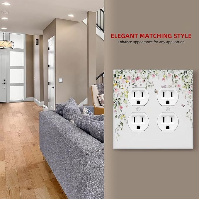 Watercolor Flowers Vine Colorful Butterfly Floral Outlet Covers 2 Gang Double Duplex Decorative Light Switch Covers Electrical Wallplates Socket Faceplate For Bed Room Living Room Decor