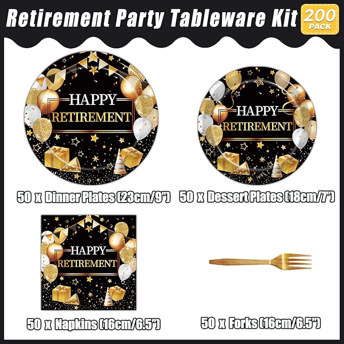 200 Pcs Retirement Party Plates and Napkins Set, Happy Retirement Party Supplies Decorations for Men Women Gold and Black Farewell Going Away Disposable Dinnerware Tableware Kit, Serves 50