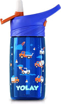 YOLAY 15oz Kids Water Bottle For School Boys and Girls, Durable Toddler Water Bottle with Straw Lid Leak-Proof, Spill Proof, Easy Clean and Dishwasher Safe with Re-Usable and BPA Free - Trucks