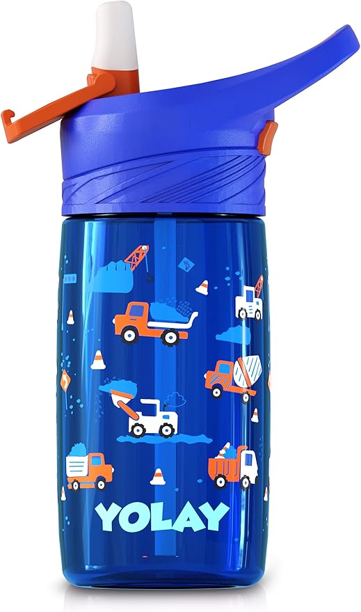 YOLAY 15oz Kids Water Bottle For School Boys and Girls, Durable Toddler Water Bottle with Straw Lid Leak-Proof, Spill Proof, Easy Clean and Dishwasher Safe with Re-Usable and BPA Free - Trucks