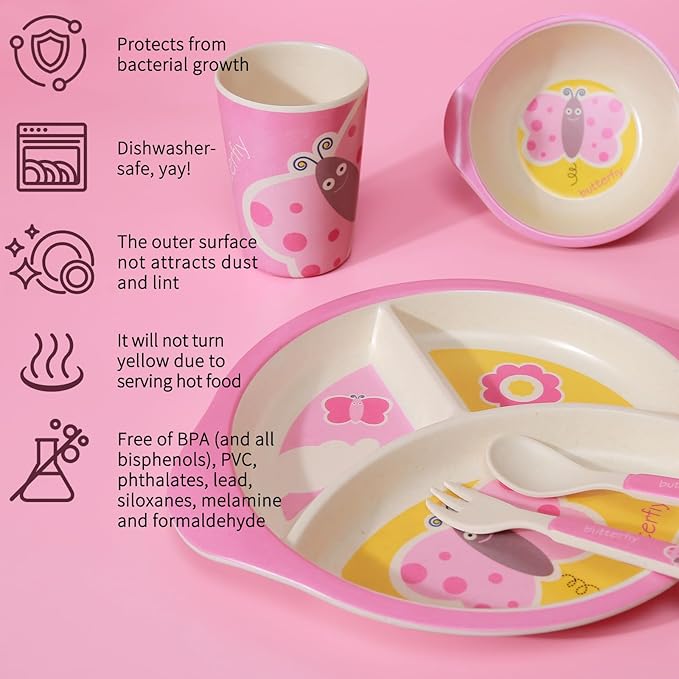 Kids Dinnerware Set, 5-Piece Mealtime Tableware for Children & Toddlers – Includes Divided Plate, Bowl, Cup, Fork & Spoon – Natural Bamboo Fiber, BPA-Free, Dishwasher Safe (Butterfly)