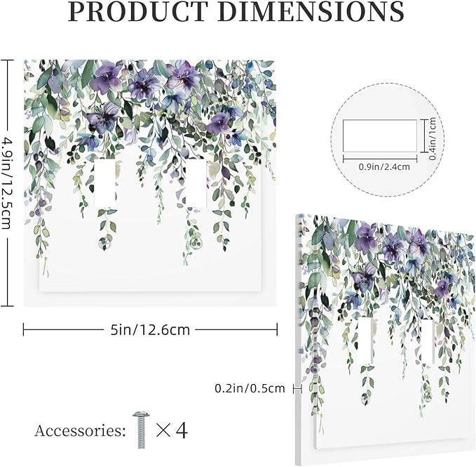 Light Switch Cover Plate Blue Purple Eucalyptus Leaves Boho Botanical 2 Gang Double Toggle Decorative Switch Plates Plug Cover Wall Plates Electrical Faceplate for Bathroom Home Decor