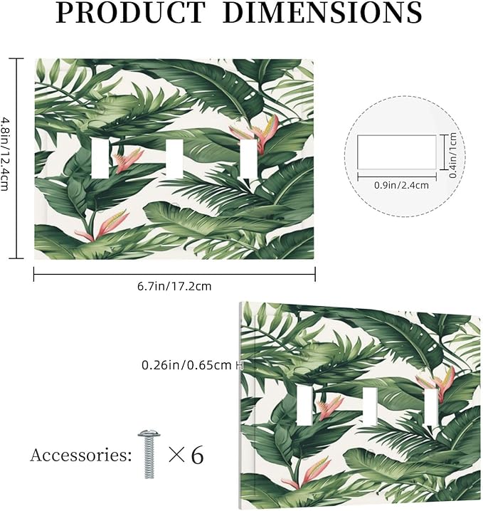 Tropical Leaf Jungle Botanical Palm Tree Greenery Floral Decorative Switch Plates 3 Gang Wall Plate Triple Toggle Light Switch Cover Faceplate Electrical Wall Panels for Bedroom Living Room Decor