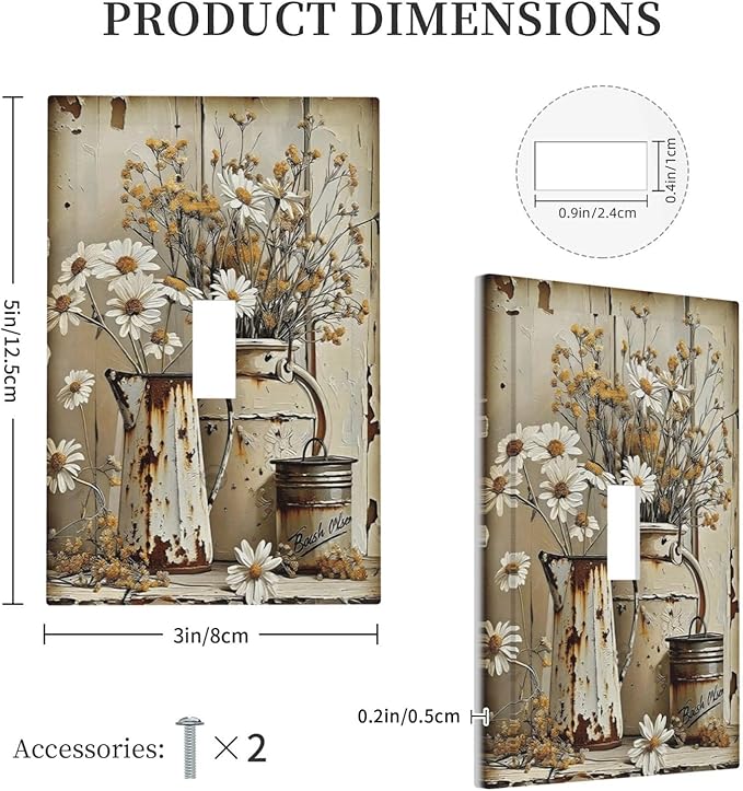 Rustic Flowers Daisy Floral White Wooden Planks Decorative Light Switch Cover 1 Gang Single Toggle Device Electrical Faceplate Switchplates Decorator Outlet Wall Plate for Farmhouse Home Decor