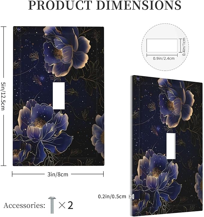 Navy Blue Floral Vintage Flower Dark Watercolor Decorative Light Switch Cover 1 Gang Single Toggle Device Electrical Faceplate Switchplates Decorator Outlet Wall Plate for Bedroom Living Room Decor