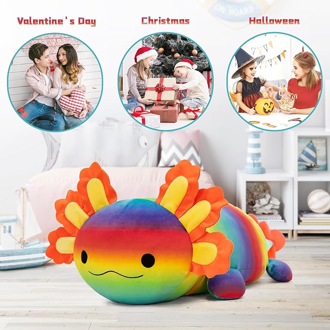 BENINY Large Axolotl Plush Toy, 39" Giant Axolotl Stuffed Animal Plush, Big Huggable Toys Gift for Girls Kids, Long Squishy Pillow for Holiday Birthday Christmas, Rainbow