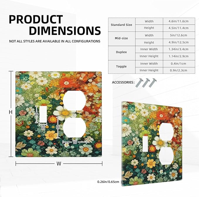 Light Switch Cover Plate Colorful Flowers Green Plants Meadow Floral 2 Gang Decorative Switch Plates 1 Toggle Duplex Combo Outlet Covers GFCI Wall Plates for Bathroom Bedroom Decor