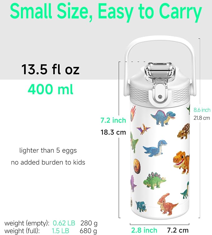 MYFOREST 14oz/400ml Insulated Kids Water Bottle, Odor-Free Surgical Grade Liner, Dishwasher-Safe, Name Spot, Soft Sipper, Gift for Dino Fan (DinoCraft: Pixel)