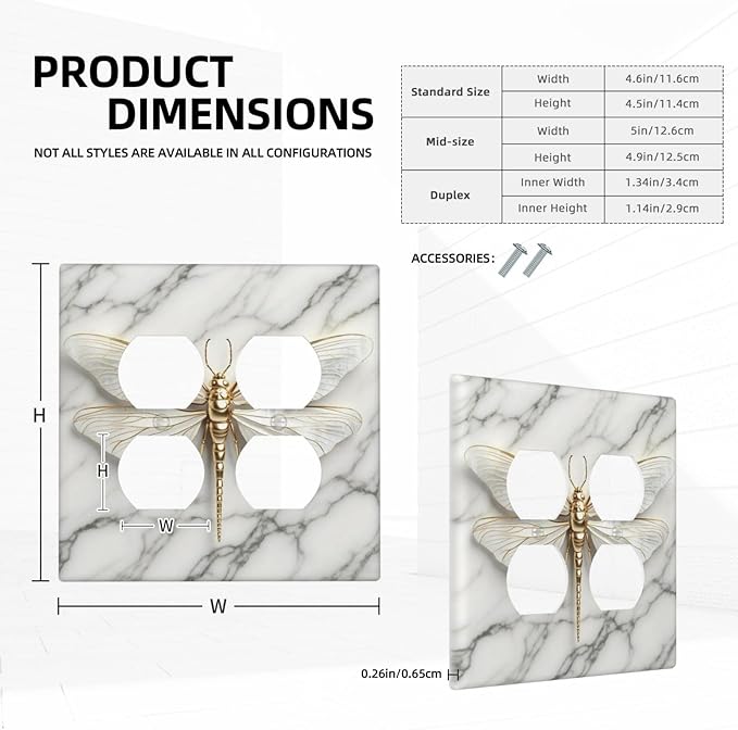 White Gold Marble Dragonfly Abstract Modern Outlet Covers 2 Gang Double Duplex Decorative Light Switch Covers Electrical Wallplates Socket Faceplate for Bathroom Home Decor