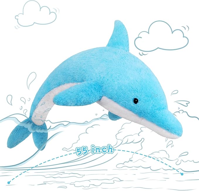 MorisMos 55 Inch Giant Dolphin Stuffed Animals, Large Stuffed Dolphin Plush Toy Soft Marine Ocean Plush Gifts for Kids, Blue