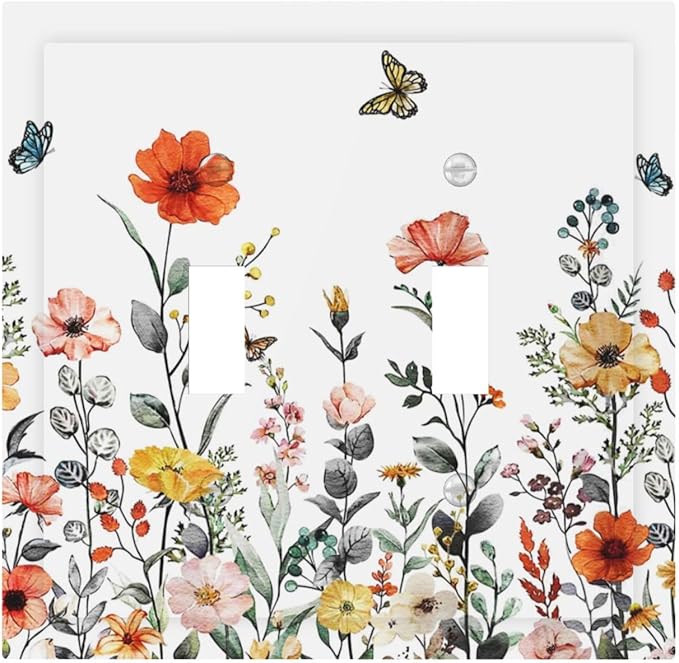 Spring Vibrant Wildflower Blossom Double Toggle Wall Plate Red Colored Country Vintage Floral Wild Butterfly Flowers Decorative 2-Gang Light Switch Cover Electrical Receptacle Outlet Face Plate Cover