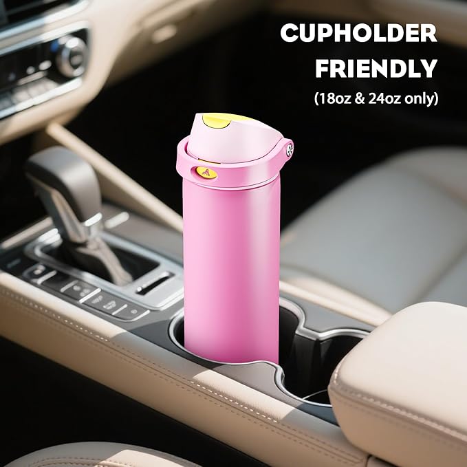 POWCAN 18 oz Steel Water Bottle: 2-in-1 Push-Button Spout & Quick-Flip Straw, Leakproof, Cold 24Hrs, Fits Car Cup Holder, Insulated Cup for Sports, Travel, School, Gift for Women, Girls (Rose Slumber)